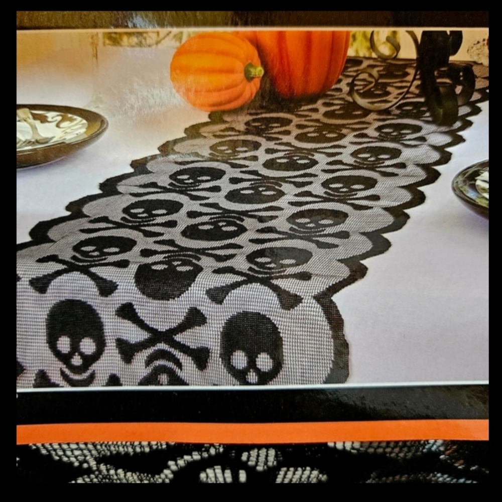 LACE WITH DANGER Black/Lacy/Skulls Festive Table runner 14 x 72"